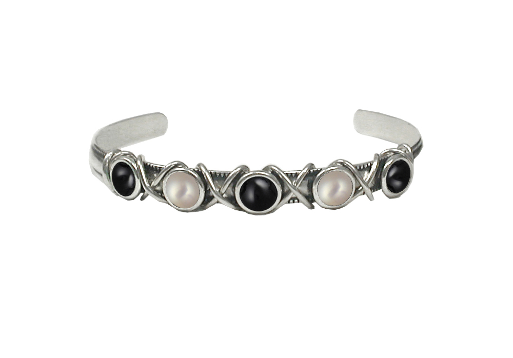 Sterling Silver Cuff Bracelet With Black Onyx And Cultured Freshwater Pearl